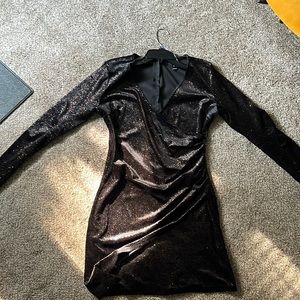 Black, long sleeve, asymmetrical mini dress. Glittery. Windsor, Size large.
